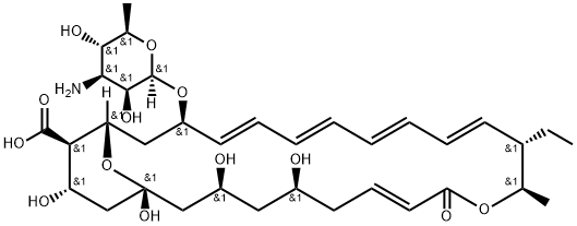 (7E,13E,15E,17E,19E)-21-(4-amino-3,5-dihydroxy-6-methyl-oxan-2-yl)oxy-12-ethyl-1,3,5,25-tetrahydroxy-11-methyl-9-oxo-10,27-dioxabicyclo[21.3.1]heptacosa-7,13,15,17,19-pentaene-24-carboxylic acid Structure