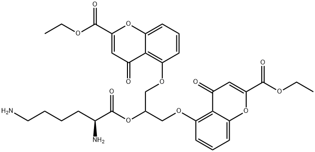 ethyl 5-[2-[(2S)-2,6-diaminohexanoyl]oxy-3-(2-ethoxycarbonyl-4-oxo-chromen-5-yl)oxy-propoxy]-4-oxo-chromene-2-carboxylate 구조식 이미지