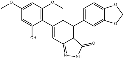 (6E)-4-benzo[1,3]dioxol-5-yl-6-(2,4-dimethoxy-6-oxo-1-cyclohexa-2,4-di enylidene)-2,3a,4,5-tetrahydro-1H-indazol-3-one Structure