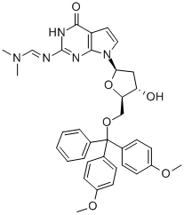 5'-O-(DIMETHOXYTRITYL)-N2-(DIMETHYLAMINOMETHYLIDENE)-7-DEAZA-2'-DEOXYGUANOSI NE 구조식 이미지