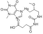 3-[3-(3-Carboxypropionyl)ureido]-2-methoxypropyl(1,2,3,6-tetrahydro-1,3-dimethyl-2,6-dioxo-7H-purin-7-yl)mercury(II) 구조식 이미지