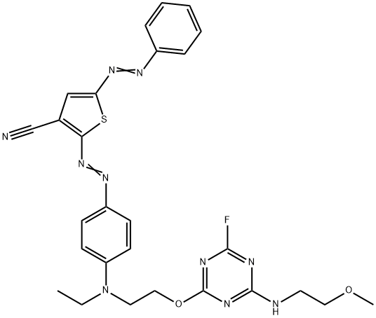 2-[[4-[Ethyl[2-[[4-fluoro-6-[(2-methoxyethyl)amino]-s-triazine-2-yl]oxy]ethyl]amino]phenyl]azo]-5-(phenylazo)thiophene-3-carbonitrile 구조식 이미지