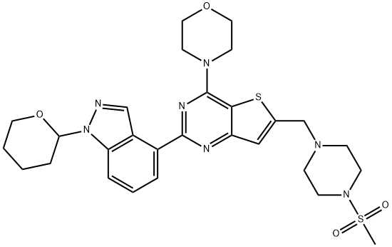 4-(6-((4-(Methylsulfonyl)piperazin-1-yl)Methyl)-2-(2-(tetrahydro-2H-pyran-2-yl)-2H-indazol-4-yl)thieno[3,2-d]pyriMidin-4-yl)Morpholine 구조식 이미지