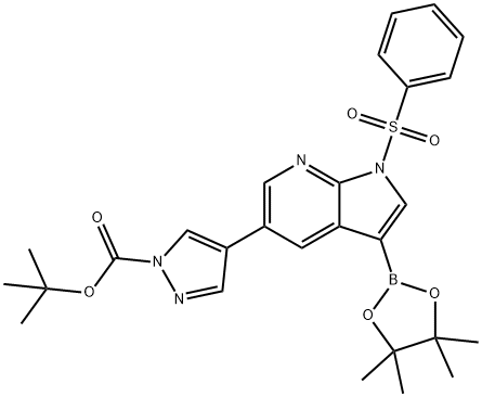 1H-Pyrazole-1-carboxylic acid, 4-[1-(phenylsulfonyl)-3-(4,4,5,5-tetraMethyl-1,3,2-dioxaborolan-2-yl)-1H-pyrrolo[2,3-b]pyridin-5-yl]-, 1,1-diMethylethyl ester 구조식 이미지