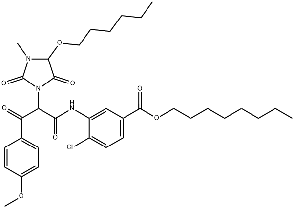 4-Chloro-3-[2-(4-methoxyphenylcarbonyl)-2-(4-hexyloxy-3-methyl-2,5-dioxoimidazolidin-1-yl)acetylamino]benzoic acid octyl ester Structure