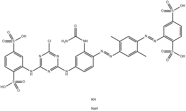 1,4-벤젠디술폰산,2-[[4-[[2-[(아미노카르보닐)아미노]-4-[[4-클로로-6-[(2,5-디술포페닐)아미노]-1,3,5-트리아진-2-일]아미노]페닐]아조]-2,5-디메틸페닐]아조]-,칼륨나트륨염 구조식 이미지