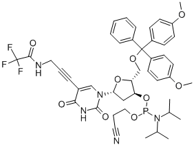(2R,3S,5R)-2-((BIS(4-METHOXYPHENYL)(PHENYL)METHOXY)METHYL)-5-(2,4-DIOXO-5-(3-(2,2,2-TRIFLUOROACETAMIDO)PROP-1-YNYL)-3,4-DIHYDROPYRIMIDIN-1(2H)-YL)TETRAHYDROFURAN-3-YL 2-CYANOETHYL DIISOPROPYLPHOSPHORAMIDITE 구조식 이미지