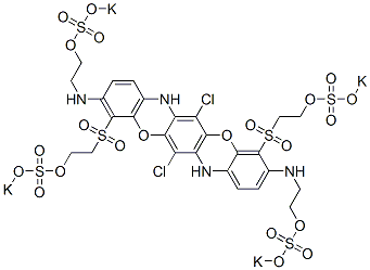 6,13-Dichloro-3,10-bis[2-(potassiooxysulfonyloxy)ethylamino]-4,11-bis[2-(potassiooxysulfonyloxy)ethylsulfonyl]-5,12-dioxa-7,14-diazapentacene 구조식 이미지
