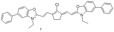 2-[(E)-2-(2-CHLORO-3-((E)-2-[3-ETHYL-5-PHENYL-1,3-BENZOXAZOL-2(3H)-YLIDENE]ETHYLIDENE)-1-CYCLOPENTEN-1-YL)ETHENYL]-3-ETHYL-5-PHENYL-1,3-BENZOXAZOL-3-IUM IODIDE 구조식 이미지