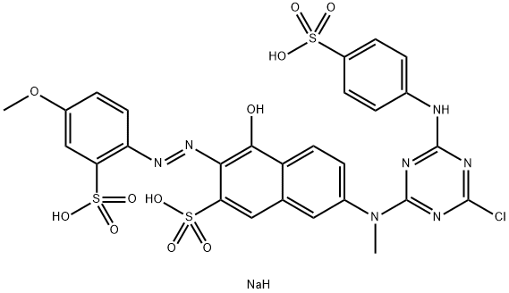 trisodium 7-[[4-chloro-6-[(4-sulphonatophenyl)amino]-1,3,5-triazin-2-yl]methylamino]-4-hydroxy-3-[(4-methoxy-2-sulphonatophenyl)azo]naphthalene-2-sulphonate  Structure