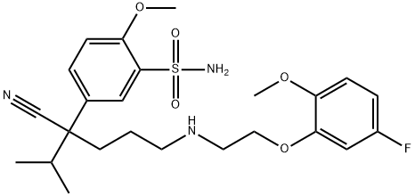 5-(1-cyano-4-((2-(5-fluoro-2-methoxyphenoxy)ethyl)amino)-1-isopropylbutyl)-2-methoxybenzenesulfonamide 구조식 이미지