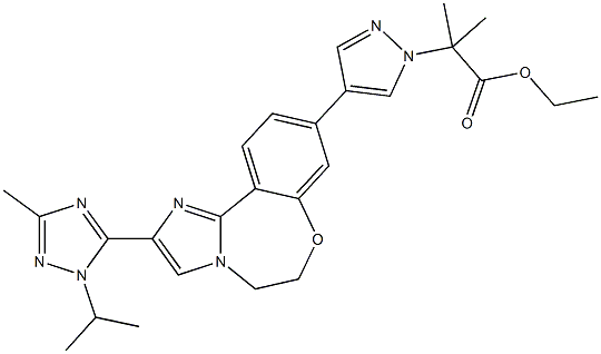 1H-Pyrazole-1-acetic acid, 4-[5,6-dihydro-2-[3-Methyl-1-(1-Methylethyl)-1H-1,2,4-triazol-5-yl]iMidazo[1,2-d][1,4]benzoxazepin-9-yl]-α,α-diMethyl-, ethyl ester Structure