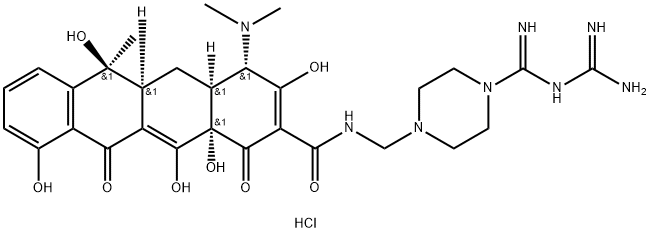 2-Naphthacenecarboxamide, N-[[4-[[(aminoiminomethyl)amino]iminomethyl]-1-piperazinyl]methyl]-4-(dimethylamino)-1,4,4a,5,5a,6,11,12a-octahydro-3,6,10,12,12a-pentahydroxy-6-methyl-1,11-dioxo-, dihydrochloride, [4S-(4alpha,4aalpha,5aalpha,6bet Structure