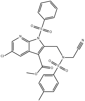 1H-Pyrrolo[2,3-b]pyridine-3-carboxylic acid, 5-chloro-2-[[(cyanoMethyl)[(4-Methylphenyl)sulfonyl]aMino]Methyl]-1-(phenylsulfonyl)-, Methyl ester Structure