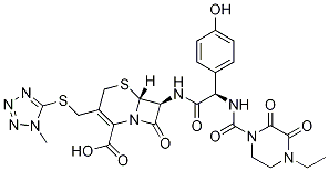 (6R,7S)-7-[[(2R)-2-[[(4-Ethyl-2,3-dioxo-1-piperazinyl)carbonyl]aMino]-2-(4-hydroxyphenyl)acetyl]aMino]-3-[[(1-Methyl-1H-tetrazol-5-yl)thio]Methyl]-8-oxo-5-thia-1-azabicyclo[4.2.0]oct-2-ene-2-carboxylic Acid 구조식 이미지