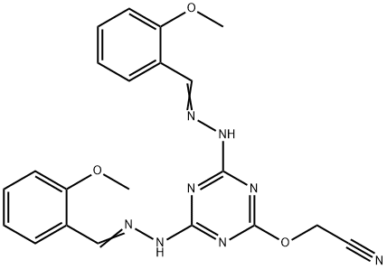 ((4,6-Bis(((2-methoxyphenyl)methylene)hydrazino)-1,3,5-triazin-2-yl)ox y)acetonitrile Structure