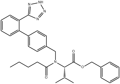 N-[2'-(1H-테트라졸-5-일)비페닐-4-일메틸]-N-발레릴-(L)-발린벤질에스테르 구조식 이미지