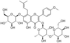 3-[(6-Deoxy-3-O-beta-D-glucopyranosyl-alpha-L-mannopyranosyl)oxy]-7-(beta-D-glucopyranosyloxy)-5-hydroxy-2-(4-methoxyphenyl)-8-(3-methyl-2-buten-1-yl)-4H-1-benzopyran-4-one Structure