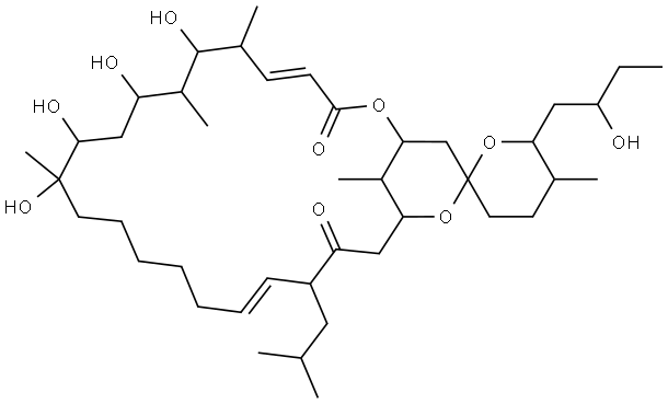 (4E,18E)-3',4',5',6'-Tetrahydro-7,9,11,12-tetrahydroxy-6'-(2-hydroxybutyl)-5',6,8,12,27-pentamethyl-20-(2-methylpropyl)spiro[2,24-dioxabicyclo[21.3.1]heptacosa-4,18-diene-25,2'-[2H]pyran]-3,21-dione Structure