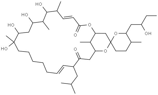 (4E,18E)-3',4',5',6'-Tetrahydro-7,9,11,12-tetrahydroxy-6'-(2-hydroxybutyl)-5',6,8,12,27-pentamethyl-20-(2-methylpropyl)spiro[2,24-dioxabicyclo[21.3.1]heptacosa-4,18-diene-25,2'-[2H]pyran]-3,21-dione 구조식 이미지