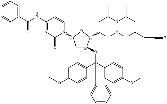 (N4-BENZOYL)-5'-O-[(N,N-DIISOPROPYLAMINO)-(2-CYANOETHOXY)PHOSPHINYL]-3'-O-(4,4'-DIMETHOXYTRITYL)-2'-DEOXYCYTIDINE 구조식 이미지