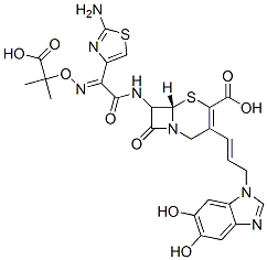 7-(2-(2-aminothiazol-4-yl)-2- (1-carboxy-1-methylethoxyimino)acetamido)-3-(3-(5,6-dihydroxybenzimidazol-1-yl)propen-1-yl)-3-cephem-4-carboxylic acid 구조식 이미지