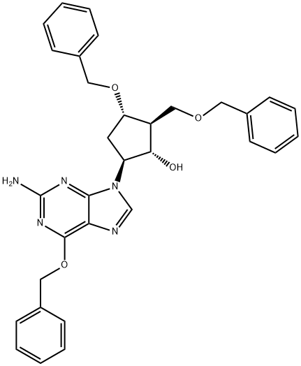 (1S,2S,3S,5S)-5-(2-Amino-6-(benzyloxy)-9H-purin-9-yl)-3-(benzyloxy)-2-(benzyloxymethyl)cyclopentanol 구조식 이미지
