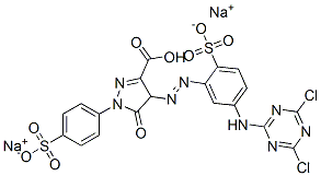 disodium hydrogen 4-[[5-[(4,6-dichloro-1,3,5-triazin-2-yl)amino]-2-sulphonatophenyl]azo]-4,5-dihydro-5-oxo-1-(4-sulphonatophenyl)-1H-pyrazole-3-carboxylate 구조식 이미지