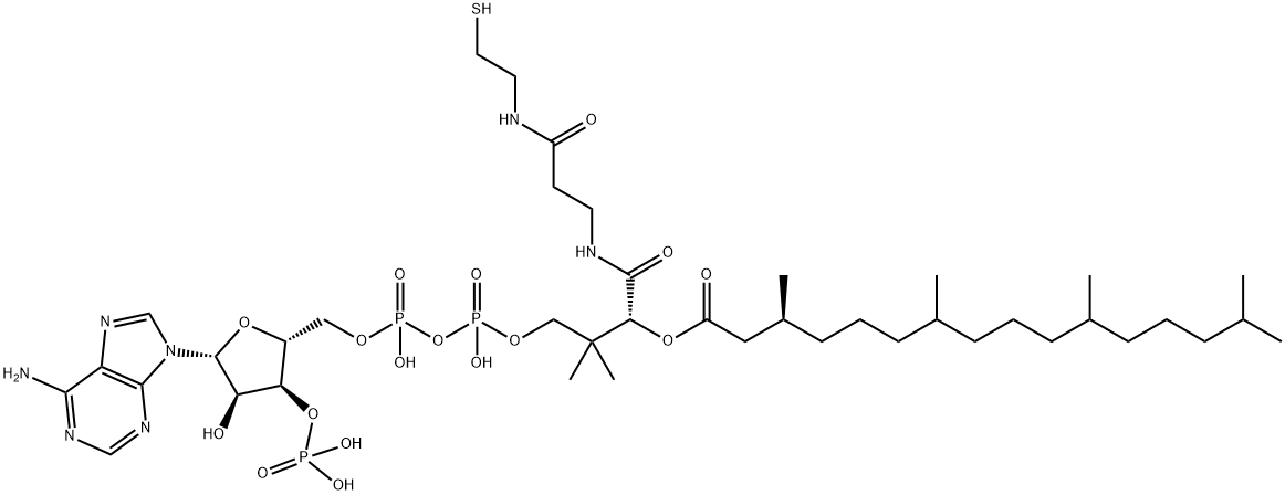 [(2S,3S,4R,5R)-5-(6-aminopurin-9-yl)-4-hydroxy-2-[[hydroxy-[hydroxy-[3-hydroxy-2,2-dimethyl-3-[2-[2-[(3S,7S,11R)-3,7,11,15-tetramethylhexadecanoyl]sulfanylethylcarbamoyl]ethylcarbamoyl]propoxy]phosphoryl]oxy-phosphoryl]oxymethyl]oxolan-3-yl]oxyphosphonic acid 구조식 이미지