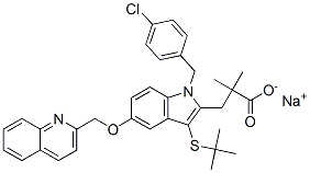 sodium 3-[1-[(4-chlorophenyl)methyl]-5-(quinolin-2-ylmethoxy)-3-tert-butylsulfanyl-indol-2-yl]-2,2-dimethyl-propanoate 구조식 이미지