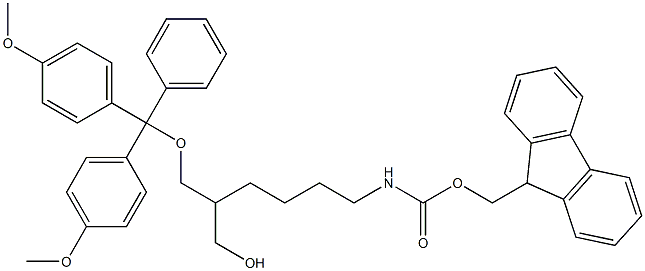 1-O-DiMethoxytrityl-2-(N-FMoc)-4-AMinobutyl)-1,3-propanediol, 90% is White to Yellow Solid Structure