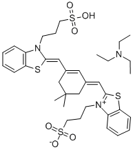 BENZOTHIAZOLIUM, 2-[[5,5-DIMETHYL-3-[[3-(3-SULFOPROPYL)-2(3H)-BENZOTHIAZOLYLIDENE]METHYL]-2-CYCLOHEXEN-1-YLIDENE]METHYL]-3-(3-SULFOPROPYL)-, INNER SALT, N,N-DIETHYLETHANAMINE (1:1) 구조식 이미지