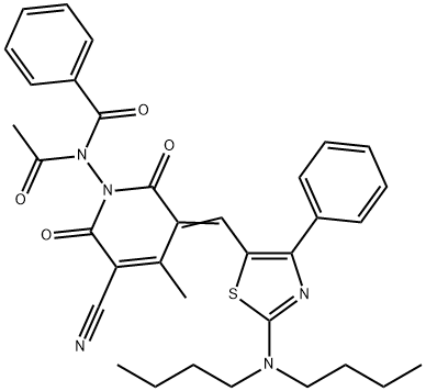 N-acetyl-N-[5-cyano-3-(2-dibutylamino-4-phenylthyazol-5-yl-methylene)-4-methyl-2,6-dioxo-1,2,3,6-tetrahydropyridin-1-yl]benzamide 구조식 이미지