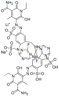 1,3-bis{6-fluoro-4-[1,5-disulfo-4-(3-aminocarbonyl-1-ethyl-6-hydroxy-4-methyl-pyrid-2-on-5-ylazo)-phenyl-2-ylamino]-1,3,5-triazin-2-ylamino}propane lithium-, sodium salt Structure
