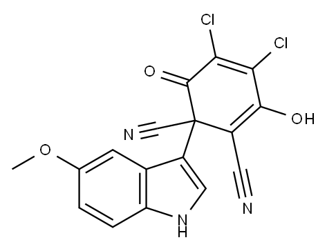 4,5-Dichloro-3-hydroxy-1-(5-methoxy-1H-indol-3-yl)-6-oxocyclohexa-
2,4-diene-1,2-dicarbonitrile 구조식 이미지