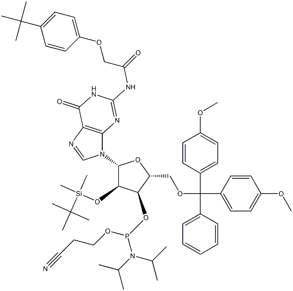 5'-O-(4,4-Dimethoxytrityl)-2'-O-[(tert-butyl)dimethylsilyl]-N-[[4-(tert-butyl)phenoxy]acetyl]guanosine-3'-(2-cyanoethyl-N,N-diisopropyl)phosphoramidite Structure