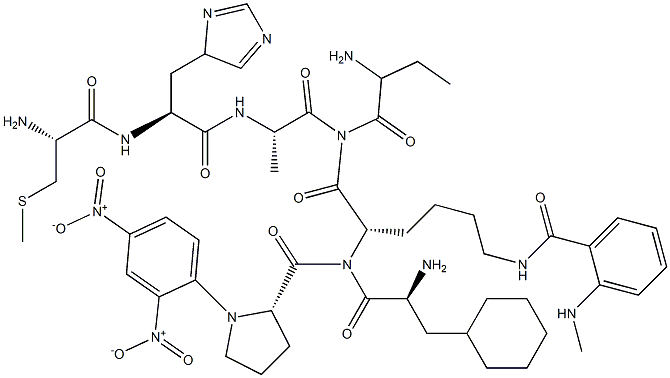 DNP-PRO-BETA-CYCLOHEXYL-ALA-ABU-CYS(ME)-HIS-ALA-LYS(N-ME-ABZ)-NH2 Structure