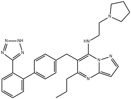 5-Propyl-N-(2-(1-pyrrolidinyl)ethyl)-6-((2'-(1H-tetrazol-5-yl)(1,1'- biphenyl)-4-yl)methyl) pyrazolo(1,5-a)pyrimidin-7-amine Structure