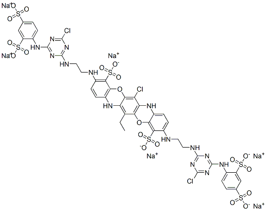 6-Chloro-3,10-bis[2-[4-chloro-6-(2,4-disulfophenylamino)-1,3,5-triazin-2-ylamino]ethylamino]-13-ethylbenzo[5,6][1,4]
oxozino[2,3-b]phenoxazine-4,11-disulphonic acid, sodium salt Structure