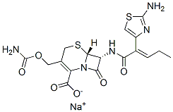 sodium (6R,7R)-7-[[(E)-2-(2-amino-1,3-thiazol-4-yl)pent-2-enoyl]amino] -3-(carbamoyloxymethyl)-8-oxo-5-thia-1-azabicyclo[4.2.0]oct-2-ene-2-ca rboxylate Structure