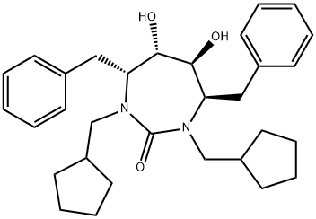 2H-1,3-Diazepin-2-one, 1,3-bis(cyclopentylmethyl)hexahydro-5,6-dihydro xy-4,7-bis(phenylmethyl)-, (4R,5S,6S,7R)- Structure