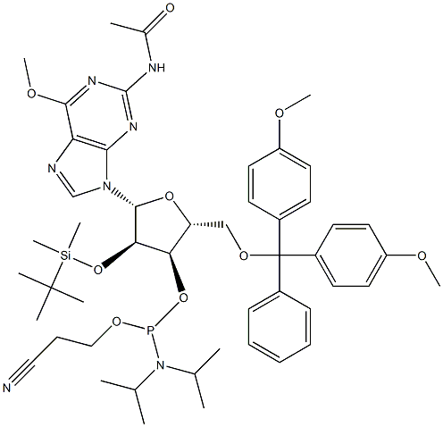 N-Acetyl-5'-O-(4,4-dimethoxytrityl)-2'-O-[(tert-butyl)dimethylsilyl]-6'-O-methylguanosine-3'-(2-cyanoethyl-N,N-diisopropyl)phosphoramidite Structure