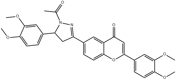 6-[1-acetyl-5-(3,4-dimethoxyphenyl)-4,5-dihydropyrazol-3-yl]-2-(3,4-di methoxyphenyl)chromen-4-one 구조식 이미지
