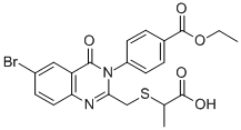 벤조산,4-(6-브로모-2-(((1-카르복시에틸)티오)메틸)-4-옥소-3(4H)-퀴나졸리닐)-,1-에틸에스테르 구조식 이미지