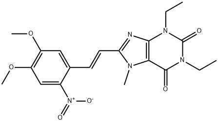 1H-Purine-2,6-dione, 3,7-dihydro-1,3-diethyl-8-(2-(4,5-dimethoxy-2-nit rophenyl)ethenyl)-7-methyl-, (E)- 구조식 이미지