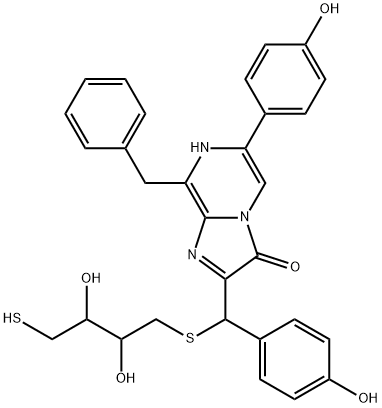 Imidazo[1,2-a]pyrazin-3(7H)-one,  2-[[(2,3-dihydroxy-4-mercaptobutyl)thio](4-hydroxyphenyl)methyl]-6-(4-hydroxyphenyl)-8-(phenylmethyl)- Structure