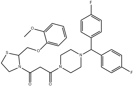 1-[4-[bis(4-fluorophenyl)methyl]piperazin-1-yl]-3-[2-[(2-methoxyphenox y)methyl]thiazolidin-3-yl]propane-1,3-dione Structure