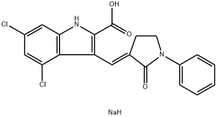 sodium 4,6-dichloro-3-[(E)-(2-oxo-1-phenyl-pyrrolidin-3-ylidene)methyl]-1H-indole-2-carboxylate Structure