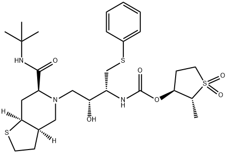 5-[3(R)-[[(2(R)-trans-Methyl-1,1-dioxotetrahydro-3(S)-thienyloxy)carbo nyl]amino]-4-(phenylthio)-2(R)-hydroxybutyl]-N-(1,1-dimethylethyl)octa hydrothieno[3,2-c]pyridine-6(R)-carboxamide 구조식 이미지