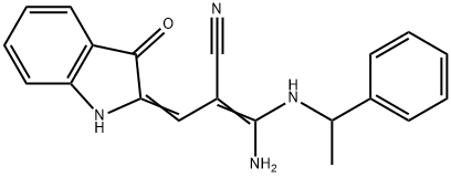 (Z)-3-amino-2-[(Z)-(3-oxo-1H-indol-2-ylidene)methyl]-3-(1-phenylethyla mino)prop-2-enenitrile 구조식 이미지